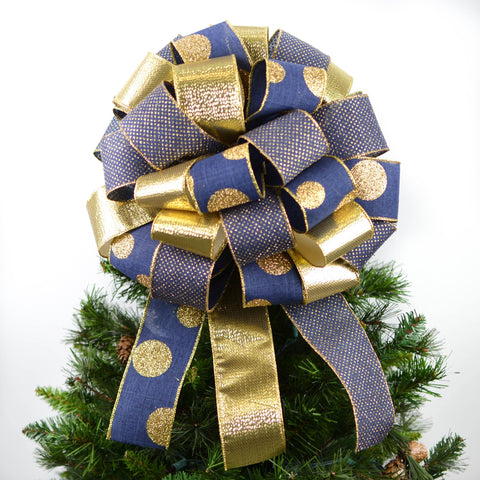 Navy and Gold Christmas Tree Bow | Big Present Bow | Christmas Tree Topper - Pink Door Wreaths