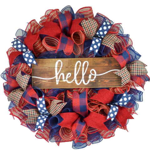 Navy Red Everyday Wreath - Hello Sign - Birthday Gift for Her - Year Round Decor - Pink Door Wreaths