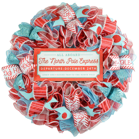 North Pole Wreaths - Santa Claus Wreath Ideas - Express Train Christmas Mesh Outdoor Front Door Decor - White Red Turquoise - Pink Door Wreaths