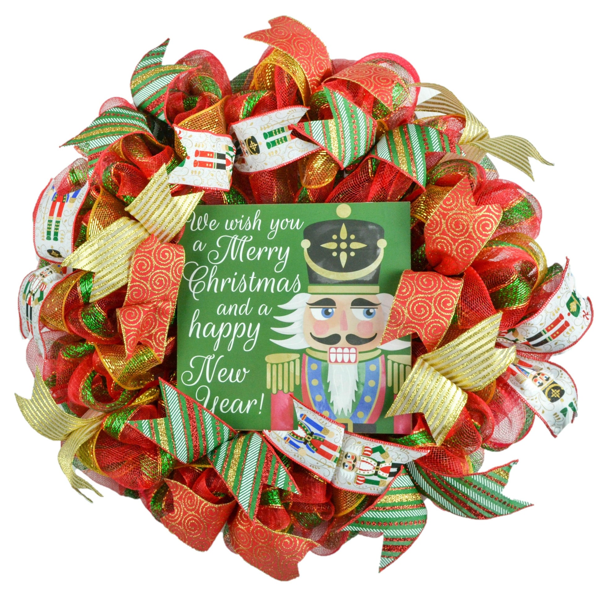 Nutcracker Christmas Front Door Wreath - Nut Cracker Holiday Decor - Red Gold Green - Pink Door Wreaths