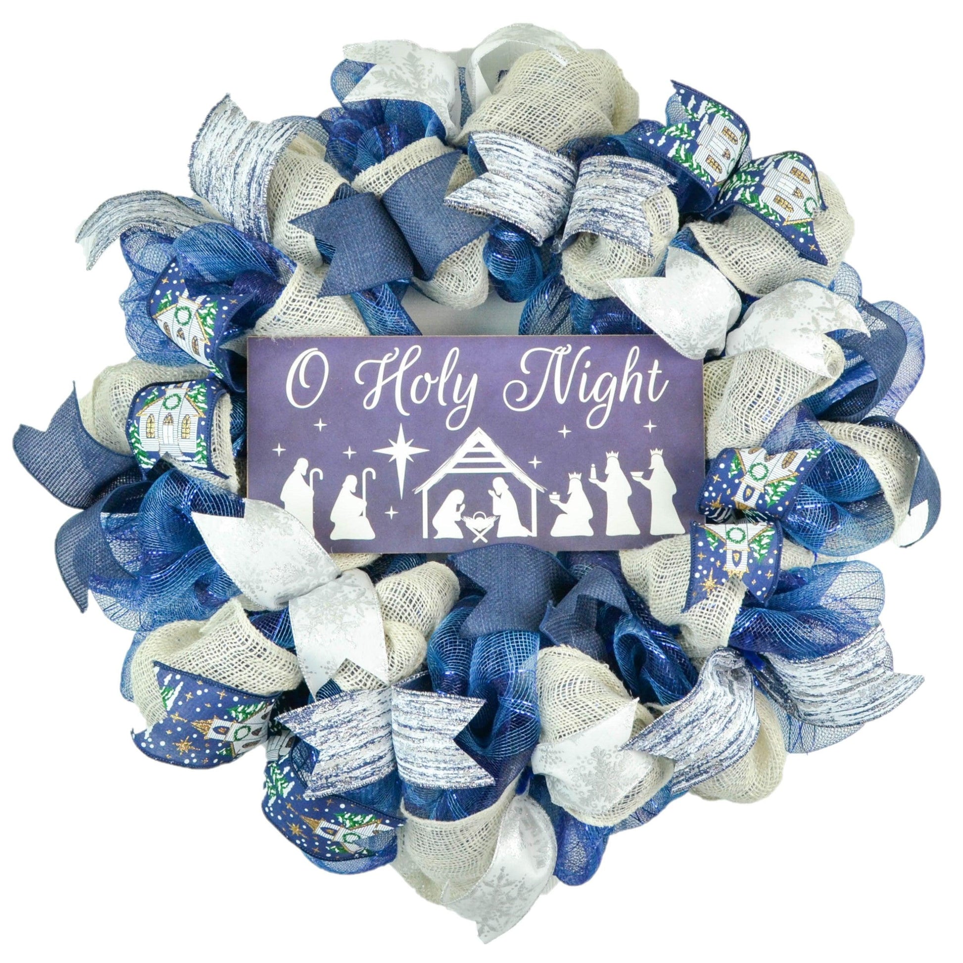 O Holy Night Jesus Christmas Wreath - Church Christian Religious Front Door Wreath - Navy Ivory White Burlap Farmhouse - Pink Door Wreaths