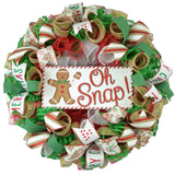 Oh Snap Gingerbread Wreath - Outdoor Christmas Wreath | Mesh Front Door Wreath | Red Brown White Green - Pink Door Wreaths