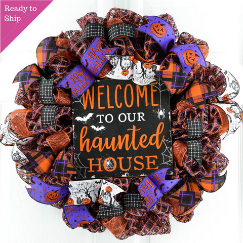 Orange Welcome to our Haunted House Welcome Mesh Decor - Pink Door Wreaths