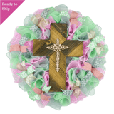 Pastel Cross Door Wreath | Everyday Year Round Mesh | Mint Pink Grey Brown - Pink Door Wreaths