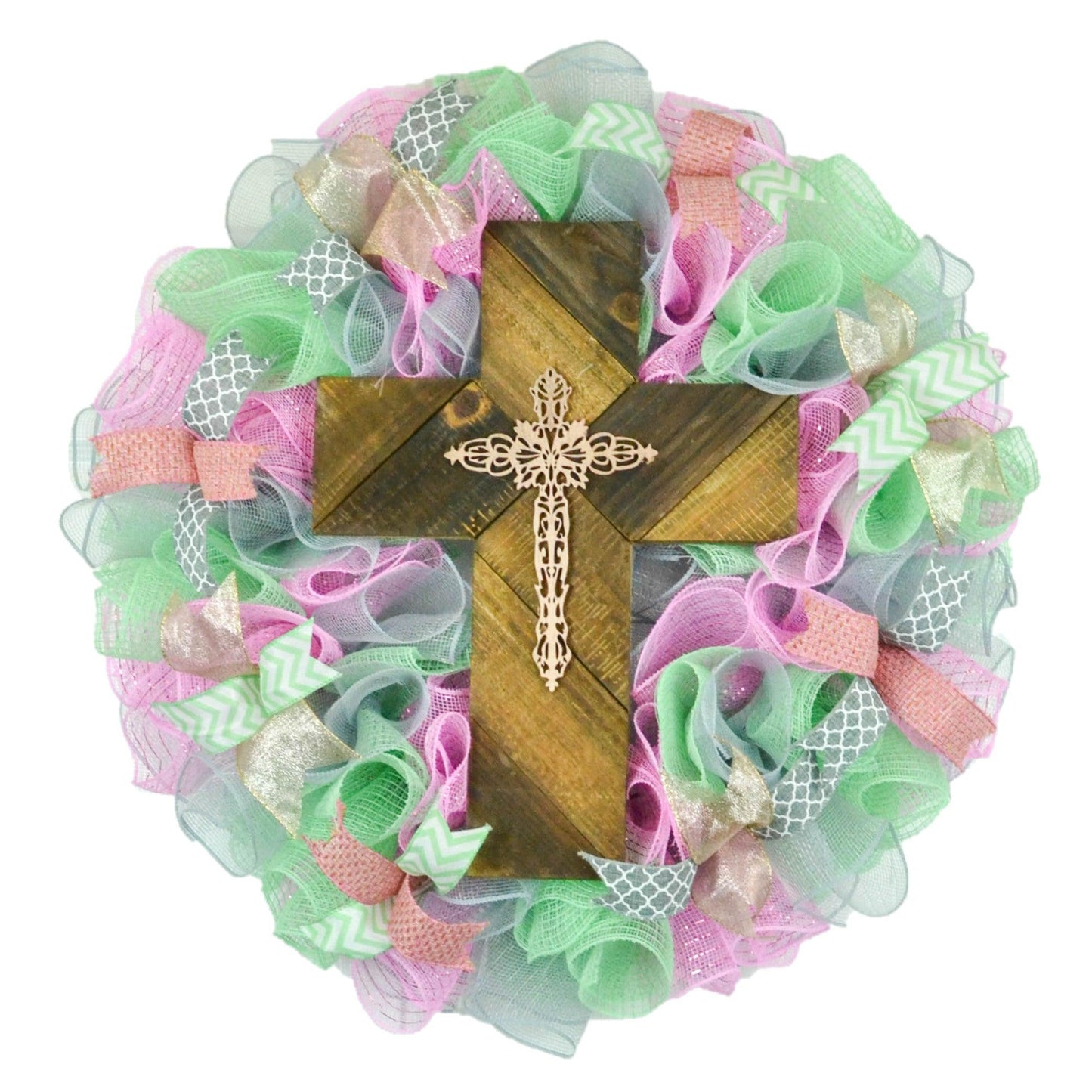 Pastel Cross Door Wreath | Everyday Year Round Mesh | Mint Pink Grey Brown - Pink Door Wreaths