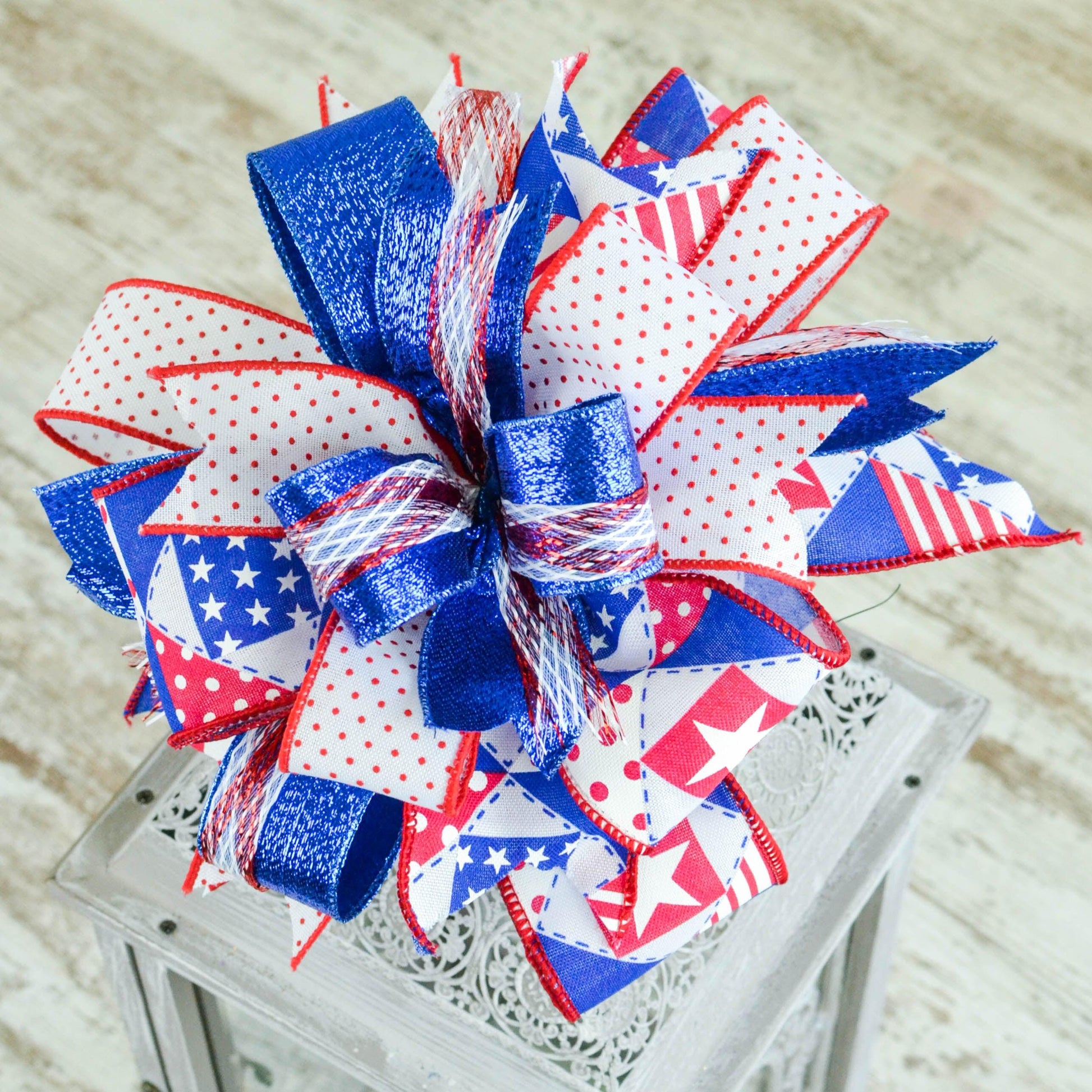 Patriotic Lantern Wreath Bow - Burlap Wreath Embellishment for Making Your Own - Layered Full Handmade Farmhouse Already Made (4th of July (Swiss Dot) - Pink Door Wreaths