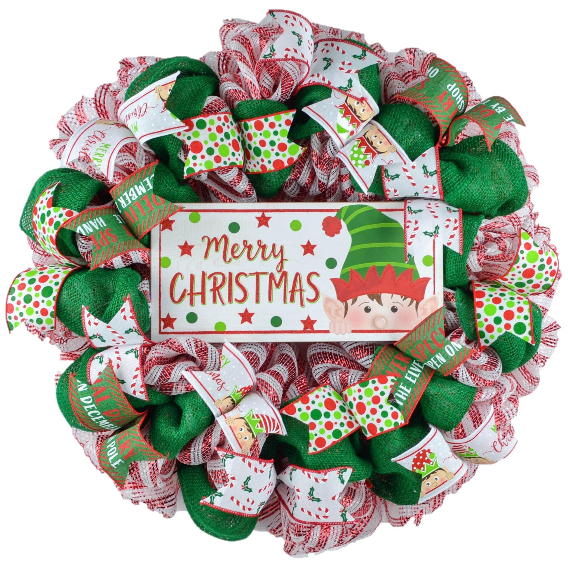 Peeking Elf Wreath - Christmas Mesh Door Decor - Pink Door Wreaths