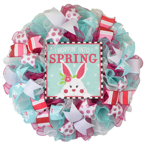 Pink and Turquoise Hopping into Spring Wreath - Summer Decor - Easter Door Decorations - Pink Turquoise Bunny Wreaths - Pink Door Wreaths