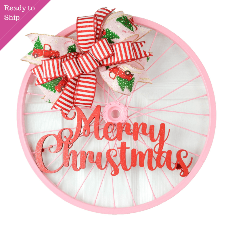 Pink Christmas Bike Rim Door Hanger - Farmhouse Round Front Porch Decor - Bright Pink Red Fun Decorations - Pink Door Wreaths