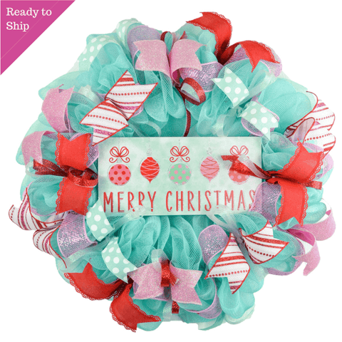 Christmas Turquoise Decor - Red Blue Xmas - Pink Door Wreaths