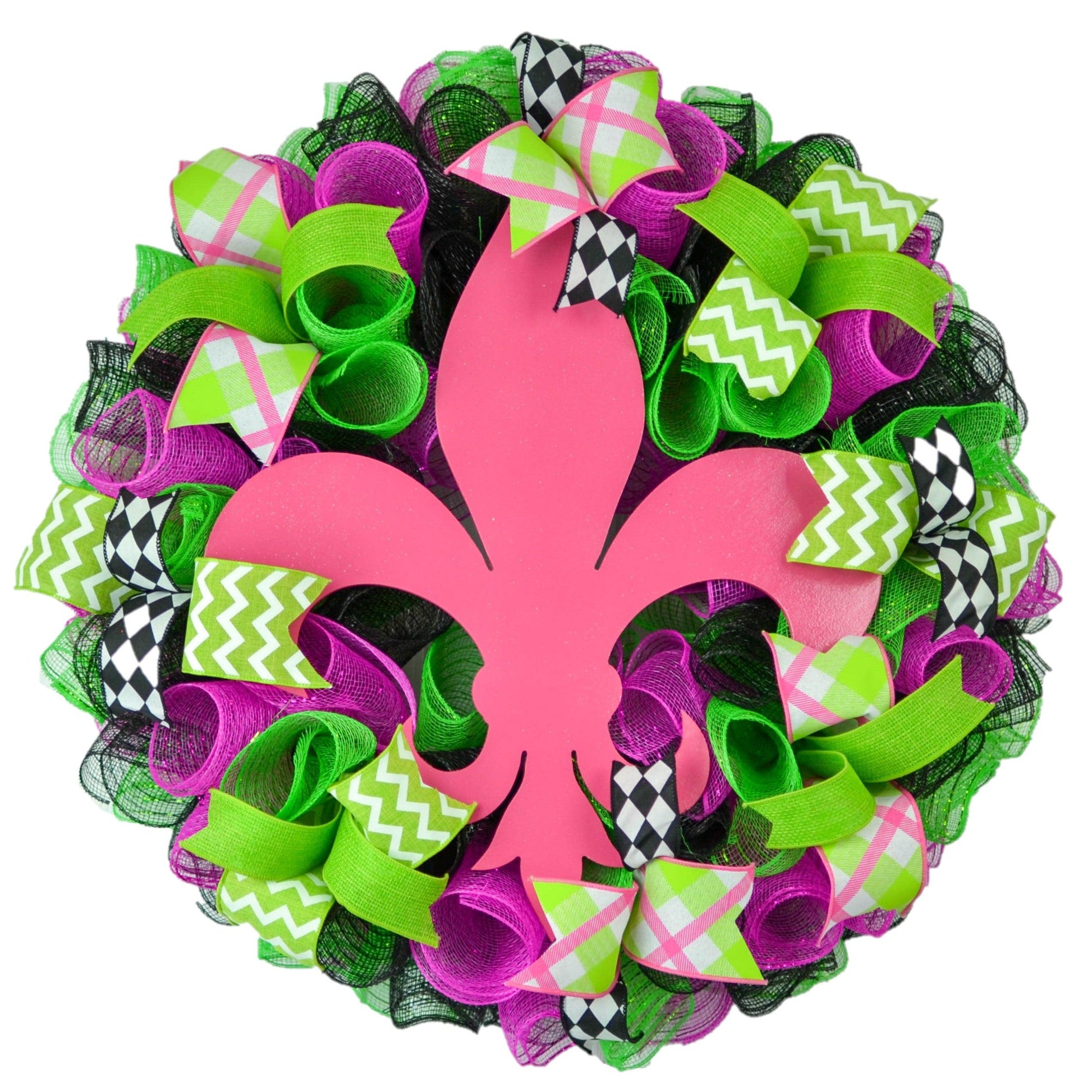 Pink Fleur De Lis Wreath | Mothers Day Present Gift | Everyday Front Door Wreath | Black Lime Green - Pink Door Wreaths