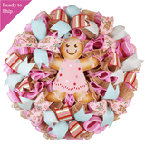 Pink Gingerbread Wreath - Christmas Outdoor Holiday Wreath - Mesh Front Door Wreath - Turquoise Red Brown White Green - Pink Door Wreaths