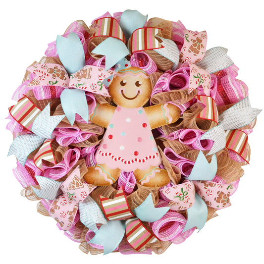 Pink Gingerbread Wreath - Christmas Outdoor Holiday Wreath - Mesh Front Door Wreath - Turquoise Red Brown White Green - Pink Door Wreaths