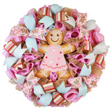 Pink Gingerbread Wreath - Christmas Outdoor Holiday Wreath - Mesh Front Door Wreath - Turquoise Red Brown White Green - Pink Door Wreaths