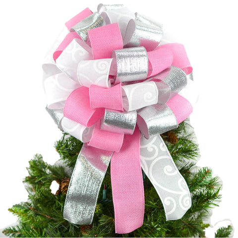 Pink White and Silver Bow Tree Topper | Big Present Bow | Christmas Tree Bow | Gift Box Bow - Pink Door Wreaths