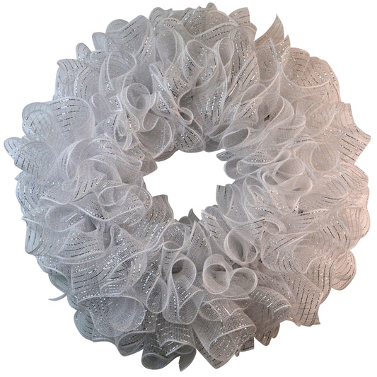 Plain Wreath Base Already Made - Mesh Everyday Wreath to Decorate DIY - Starter Add Bow, Ribbons on Your Own - Premade (Metallic White/Silver) - Pink Door Wreaths