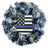Police Badge Door Wreath - Officer Hero Law Enforcement Support Decor - Blue Black White - Pink Door Wreaths