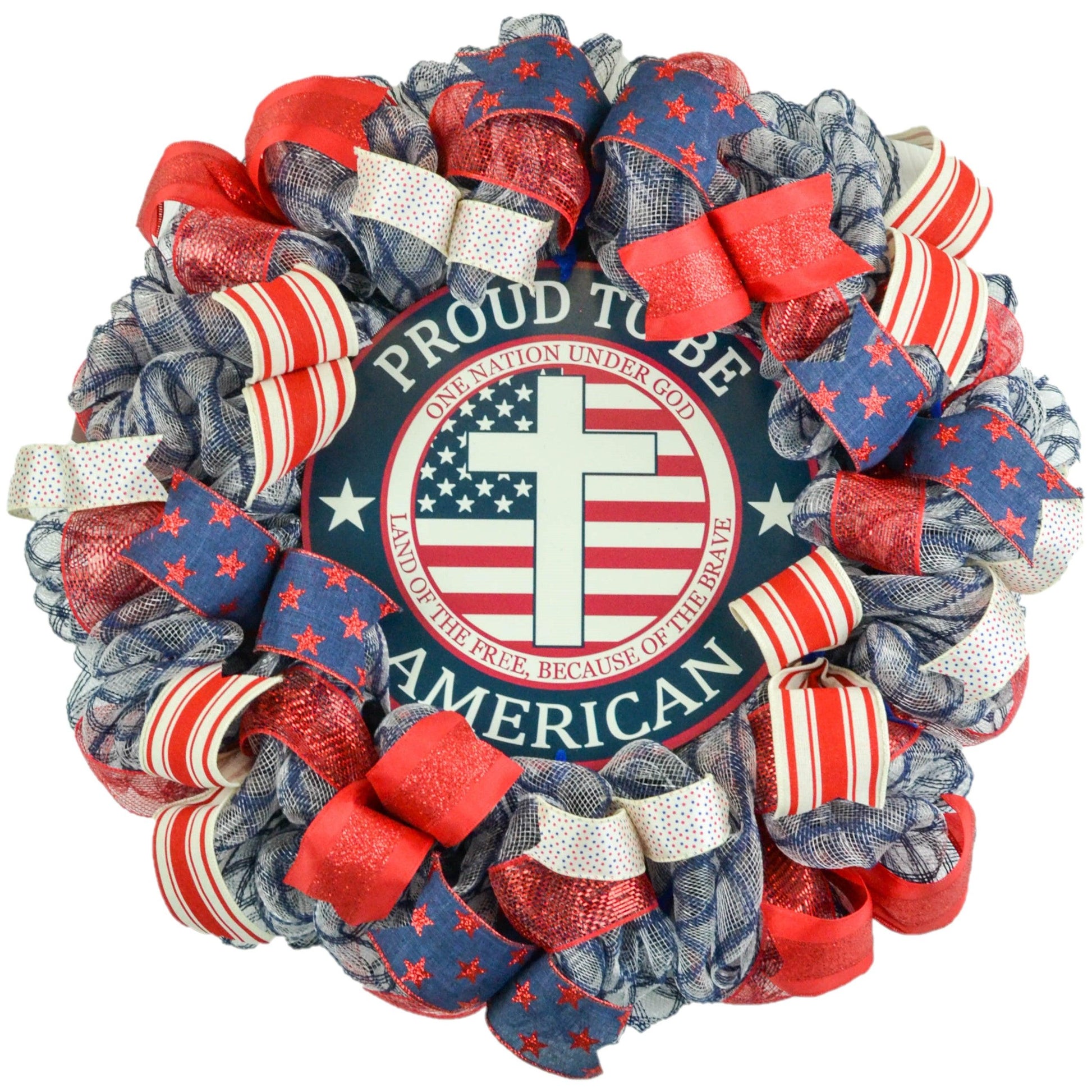 Proud to Be an American Fourth of July Independence Day Mesh Door Wreath - Burlap Red White Navy Blue White - Pink Door Wreaths