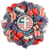 Proud to Be an American Fourth of July Independence Day Mesh Door Wreath - Burlap Red White Navy Blue White