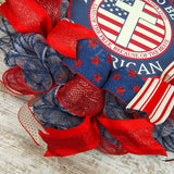 Proud to Be an American Fourth of July Independence Day Mesh Door Wreath - Burlap Red White Navy Blue White - Pink Door Wreaths