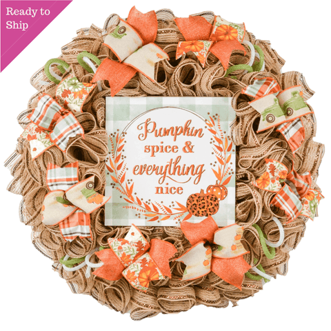 Pumpkin Spice Fall Wreath - Farm Truck Thanksgiving Front Door Decor - Brown Orange Burlap Turquoise Green - Pink Door Wreaths
