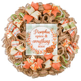 Pumpkin Spice Fall Wreath - Farm Truck Thanksgiving Front Door Decor - Brown Orange Burlap Turquoise Green - Pink Door Wreaths