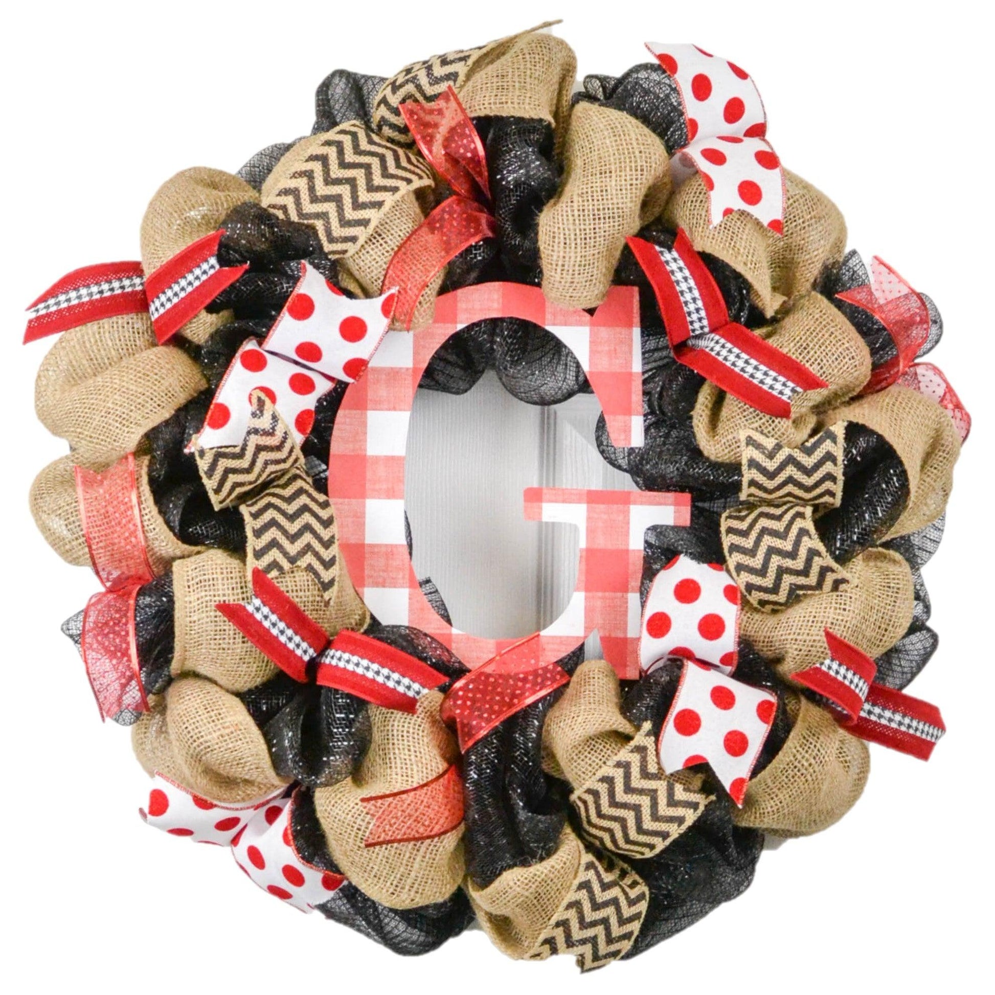 Red and Black Burlap Monogram Everyday Wreath - Pink Door Wreaths