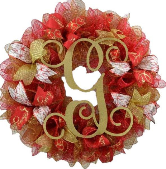 Red and Gold Monogram Letter Welcome Mesh Christmas Front Door Wreath - Pink Door Wreaths