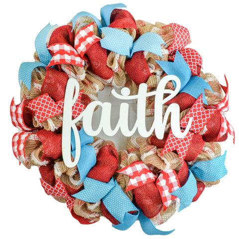 Red and Turquoise Faith Wreath | Welcome Jute Burlap Spring Wreath - Pink Door Wreaths