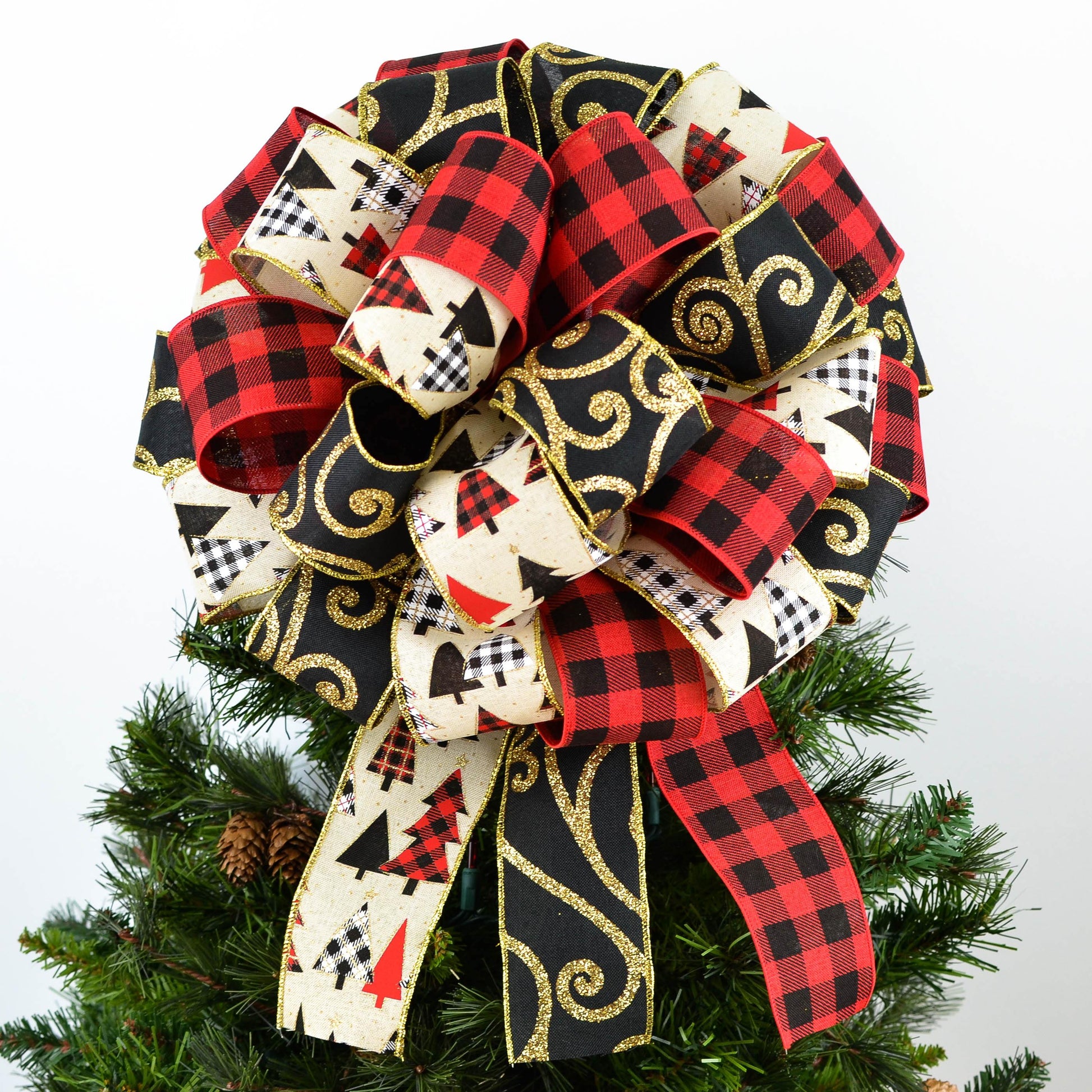 Red Black Gold Ivory Christmas Tree Bow Topper | Buffalo Plaid Tree Bow - Pink Door Wreaths