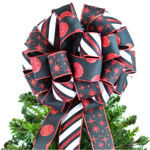 Red Black White Christmas Tree Bow Topper | Buffalo Plaid Tree Bow - Pink Door Wreaths