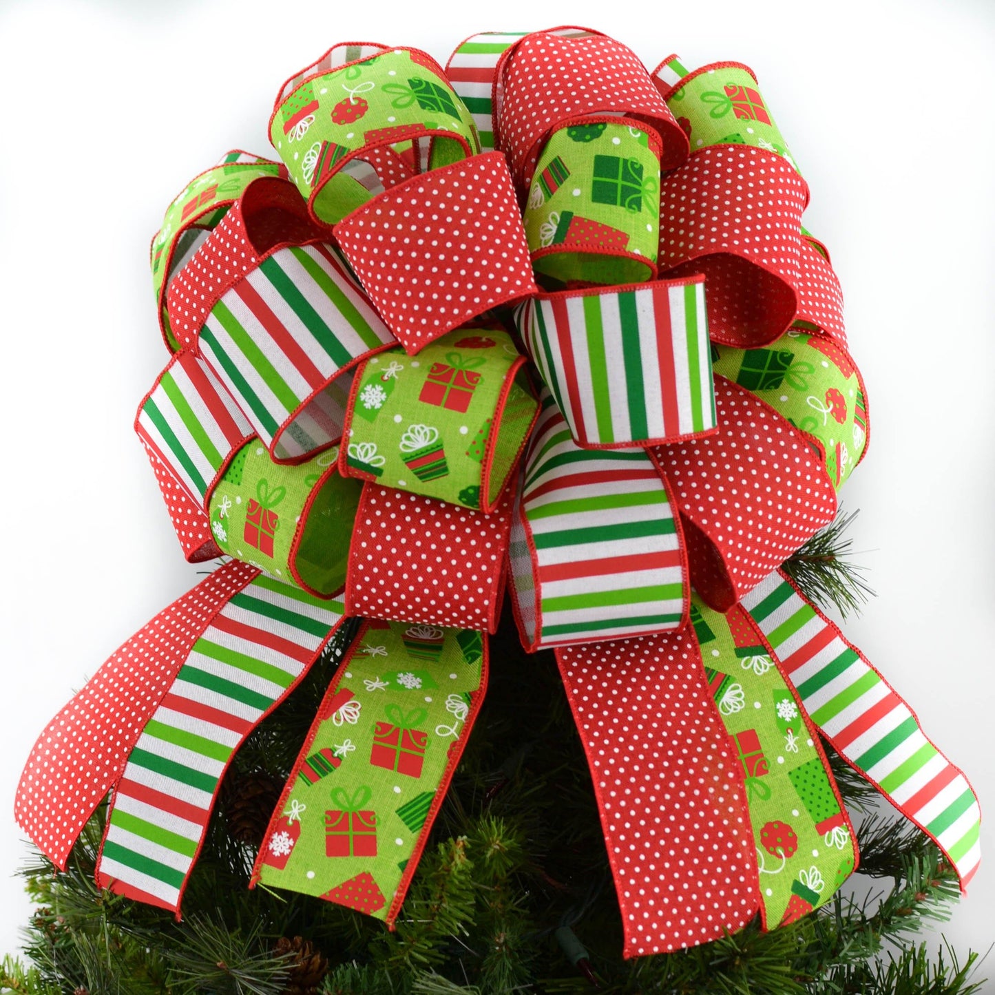 Red, Burlap, White and Lime Green Christmas Tree Topper Bow - Pink Door Wreaths