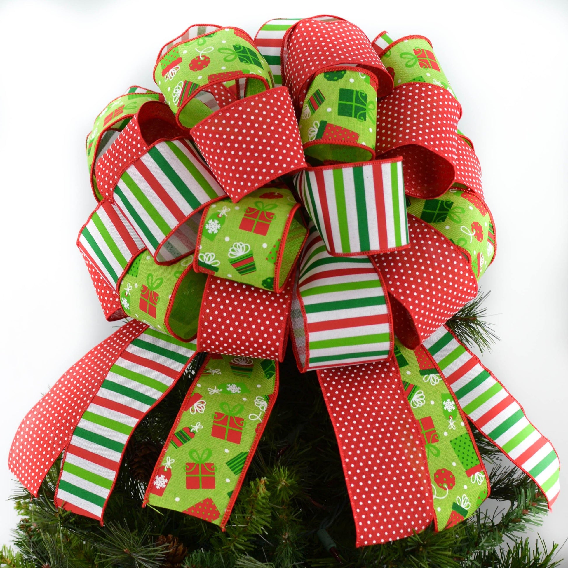 Red, Burlap, White and Lime Green Christmas Tree Topper Bow - Pink Door Wreaths