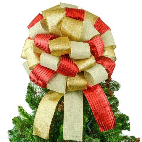 Red Gold Burlap Christmas Tree Bow Topper | Gift Bow | Tree Topper Bow - Pink Door Wreaths