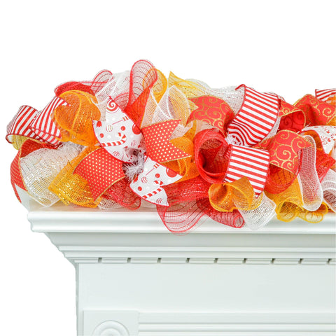 Red Gold White Christmas Garland for Staircase or Mantle - Mantel Decor - Cream Shimmer Metallic - Pink Door Wreaths