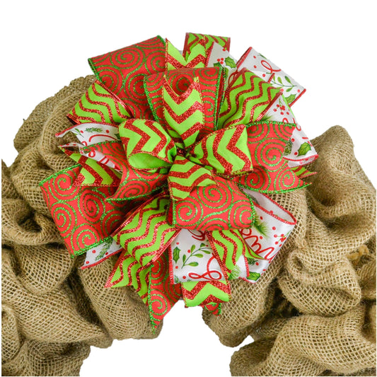 Red Lime Green Christmas Holiday Lantern Wreath Bow - Burlap Wreath Embellishment for Making Your Own - Layered Full Handmade Farmhouse Already Made - Pink Door Wreaths