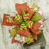 Red Lime Green Christmas Holiday Lantern Wreath Bow - Burlap Wreath Embellishment for Making Your Own - Layered Full Handmade Farmhouse Already Made - Pink Door Wreaths