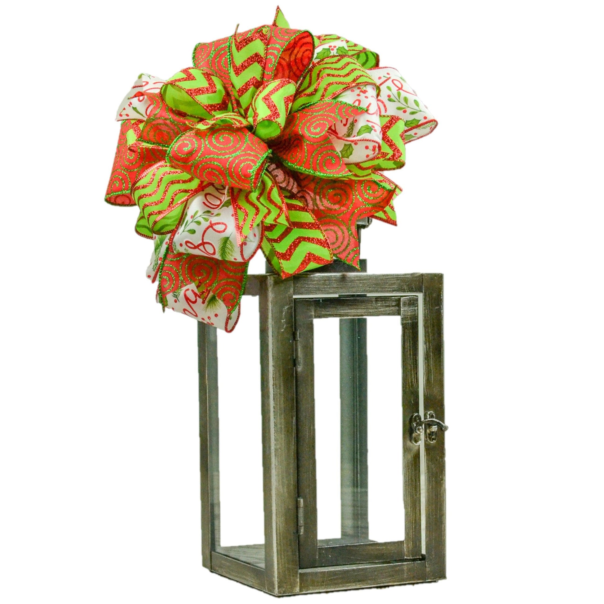 Red Lime Green Christmas Holiday Lantern Wreath Bow - Burlap Wreath Embellishment for Making Your Own - Layered Full Handmade Farmhouse Already Made - Pink Door Wreaths