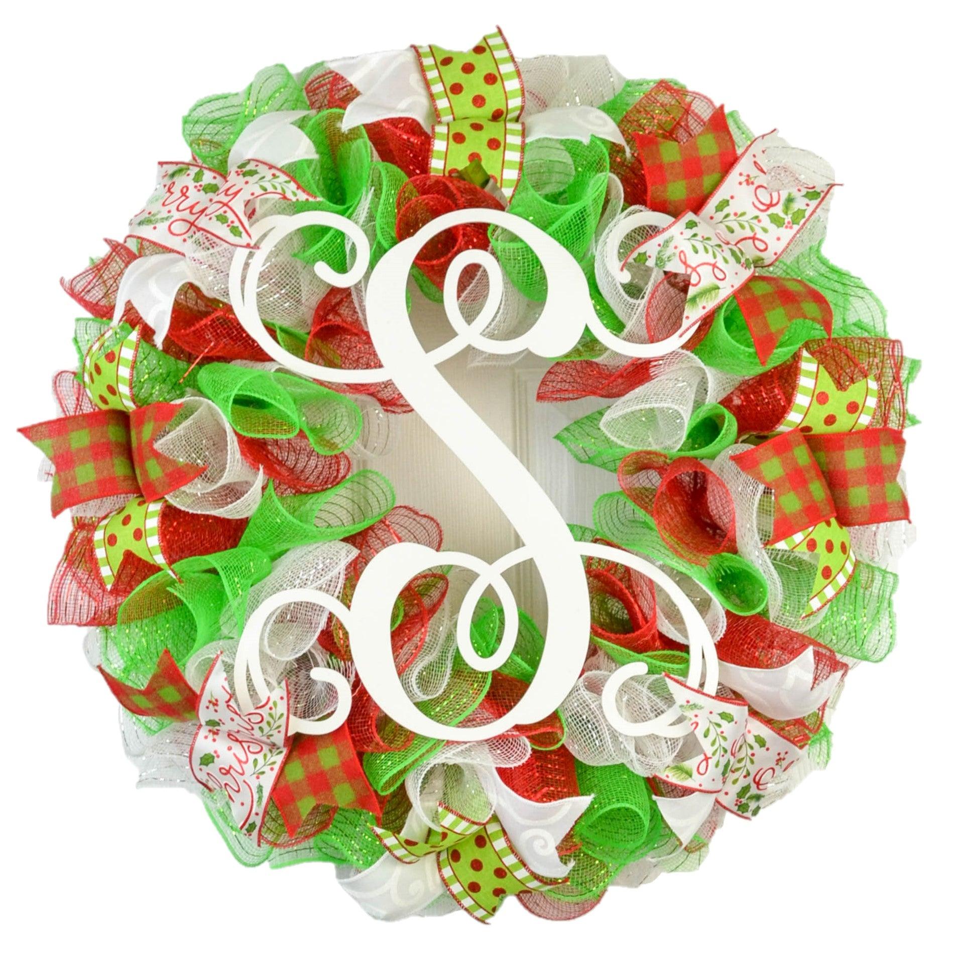 Red Lime Green White Christmas Wreath - Outdoor Holiday Front Door Decorations - Porch Decor TB15 - Pink Door Wreaths