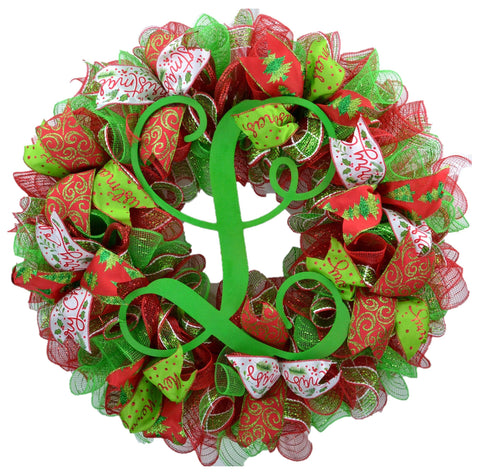 Red Lime Green White Monogram Mesh Christmas Door Wreath - Pink Door Wreaths