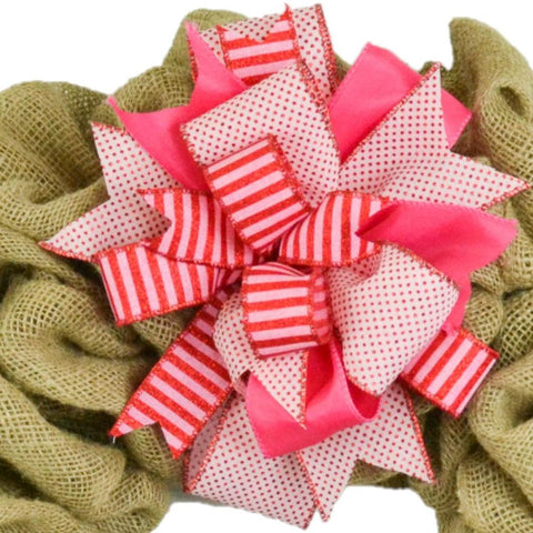 Red Pink Vday Valentine's Day Lantern Wreath Bow - Burlap Wreath Embellishment for Making Your Own - Layered Full Handmade Farmhouse Already Made - Pink Door Wreaths