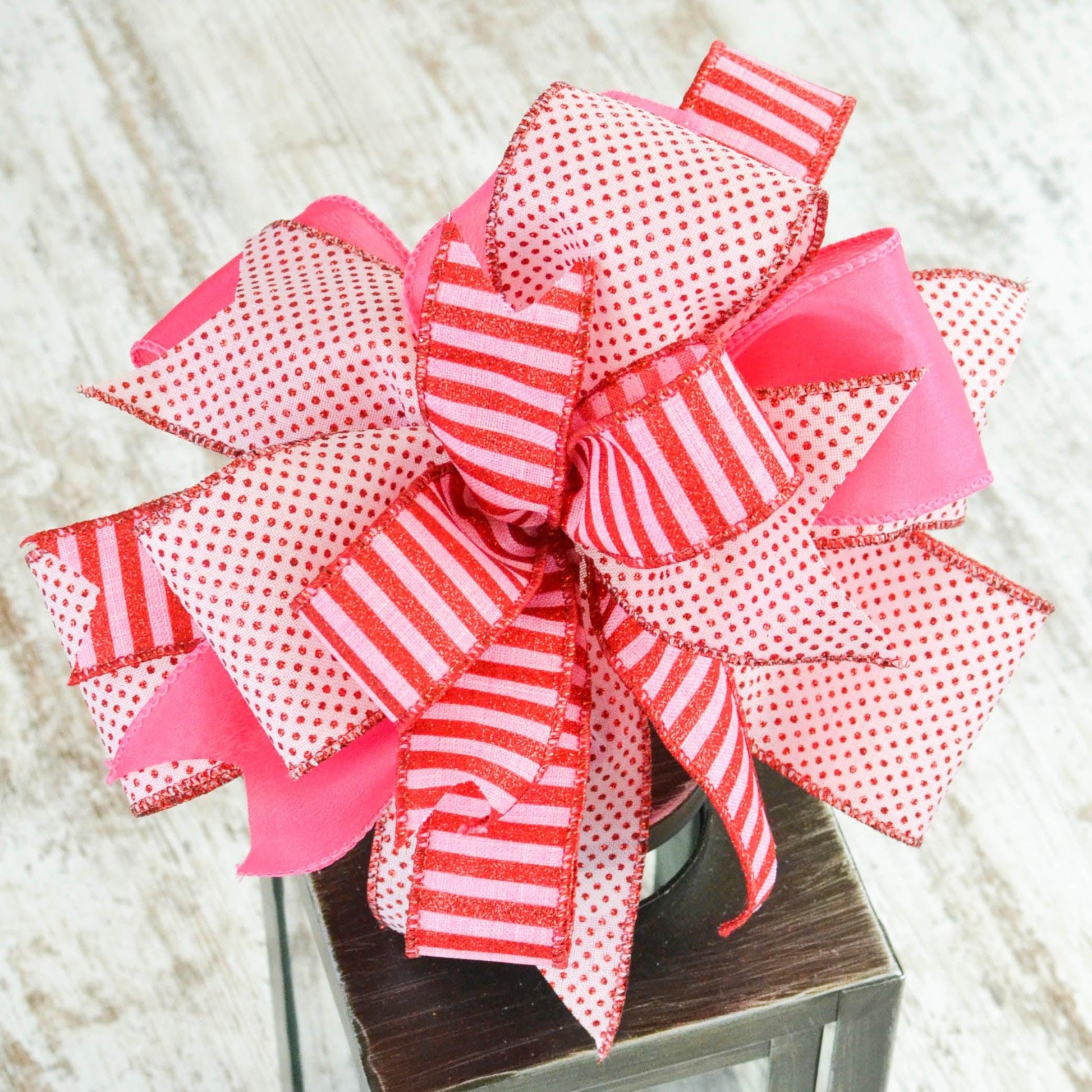 Red Pink Vday Valentine's Day Lantern Wreath Bow - Burlap Wreath Embellishment for Making Your Own - Layered Full Handmade Farmhouse Already Made - Pink Door Wreaths