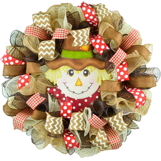 Red Scarecrow Mesh Front Door Wreath - Thanksgiving Fall Wreath - Pink Door Wreaths