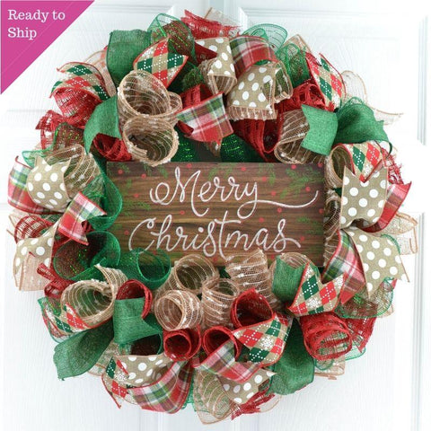 Rustic Merry Christmas Wreath | Farmhouse Outdoor Front Door Wreath | Red Jute Green - Pink Door Wreaths