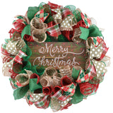 Rustic Merry Christmas Wreath | Farmhouse Outdoor Front Door Wreath | Red Jute Green - Pink Door Wreaths
