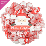 Santa Claus Merry Christmas Front Door Wreath - Red White Candy Cane Outside Decoration - Red White - Pink Door Wreaths