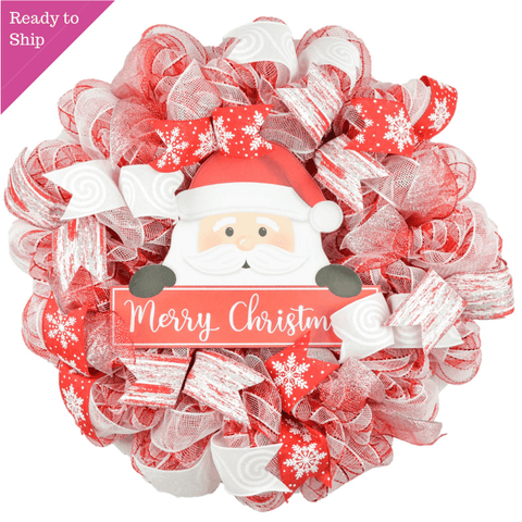 Santa Claus Merry Christmas Front Door Wreath - Red White Candy Cane Outside Decoration - Red White - Pink Door Wreaths