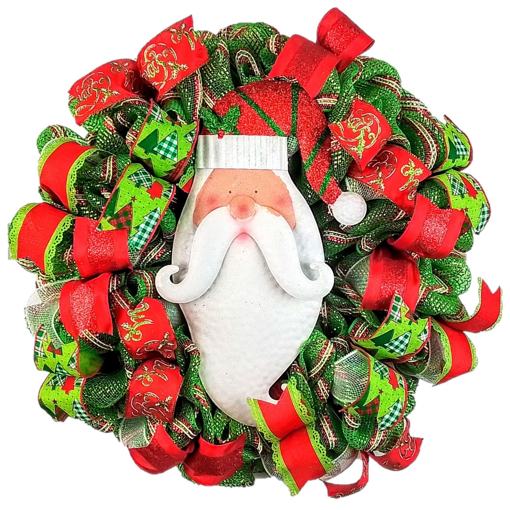 Santa Claus Wreath - Christmas Mesh Outdoor Front Door Decor - White Red Lime Green - Pink Door Wreaths