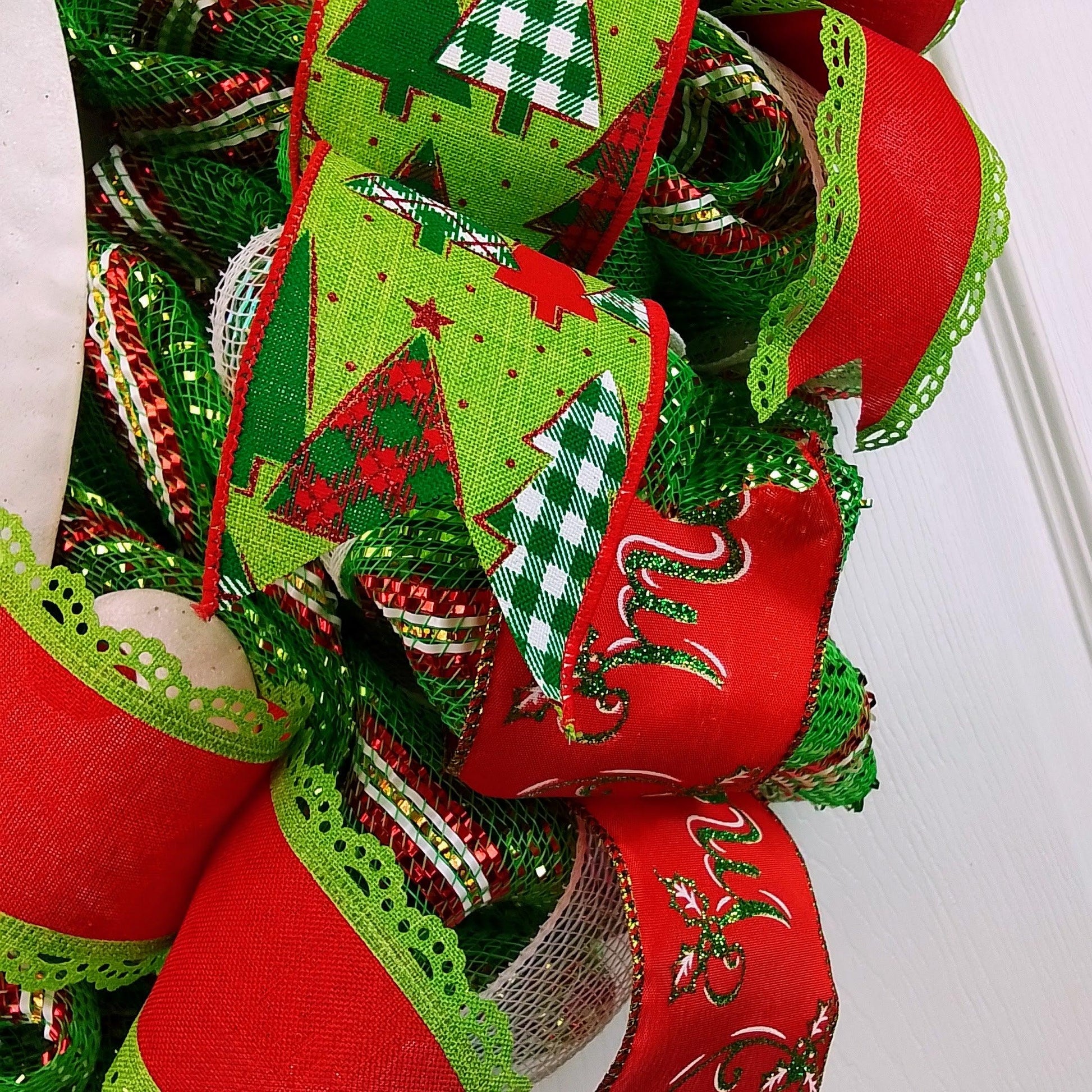 Santa Claus Wreath - Christmas Mesh Outdoor Front Door Decor - White Red Lime Green - Pink Door Wreaths