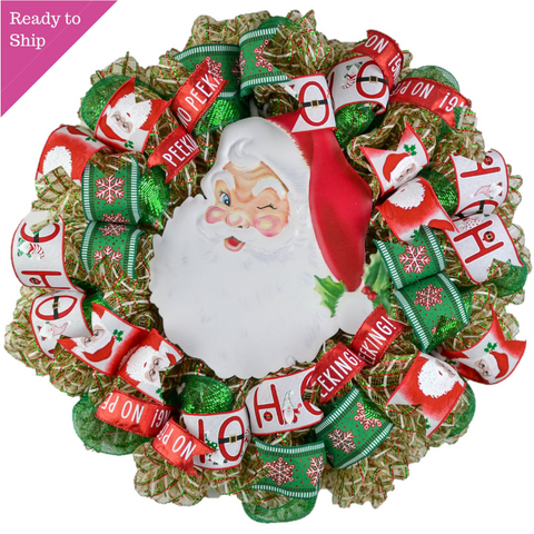 Santa Claus Wreath | Christmas Mesh Outdoor Front Door Wreath - Pink Door Wreaths